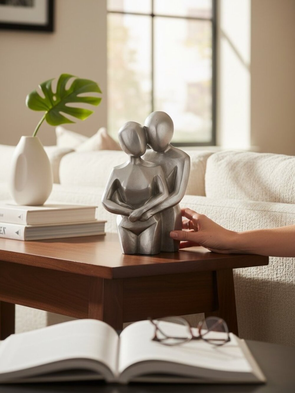 Abstract Silver Couple Embrace Statue - Modern Minimalist Resin Figurine